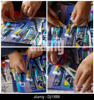 Collage abstrait de mains et des ciseaux. Banque D'Images