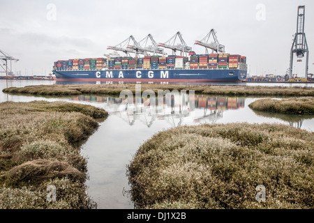 CMA CGM conteneurs Jules Verne, dans le port de Southampton, UK Banque D'Images