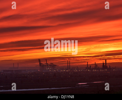 London Gateway Port au coucher du soleil. Banque D'Images