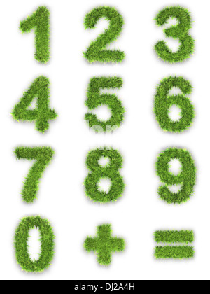 Numéros un à neuf faits de Green grass isolated on white Banque D'Images