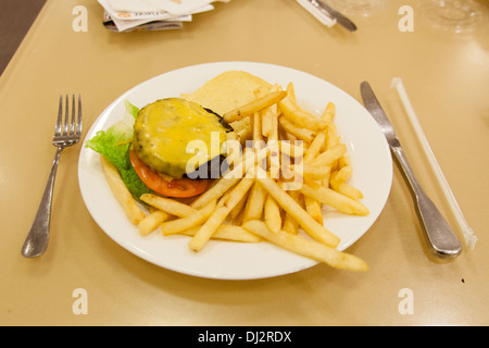 Cheese burger et frites au Metropolitan Museum of Art, Manhattan, New York City, États-Unis d'Amérique. Banque D'Images