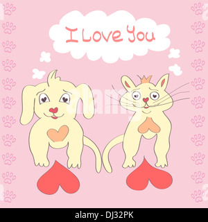Valentine Chien et Chat mignon personnage Love Heart Valentines Day Greeting card Hand drawn couleurs tendance concept romantique Banque D'Images