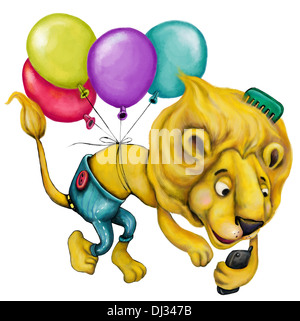 Illustration de lion avec des ballons et téléphone sur fond blanc Banque D'Images