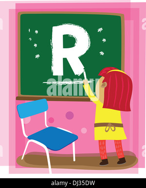 Illustration de dessin fille lettre R on chalkboard in classroom Banque D'Images