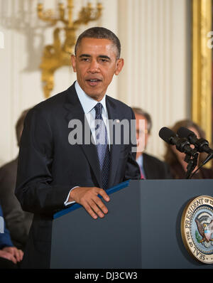 Le président américain Barack Obama donne aux remarques avant la Médaille présidentielle de la liberté cérémonie à la Maison Blanche le 20 novembre 2013 à Washington, DC. Banque D'Images