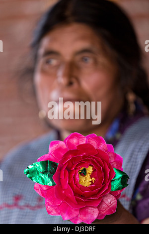 Une femme indigène zapotèque montre une abeille fleur pour la Journée de la fête des morts à Teotitlan, au Mexique. Banque D'Images