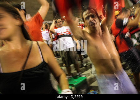 Les partisans du club de football de Rio Flamengo (Clube de Regatas do Flamengo) célèbrent un objectif de l'équipe note d'au stade du Maracanã. Banque D'Images