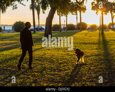 L'homme promenait son chien au coucher du soleil à White Point Jardin, Charleston, Caroline du Sud, USA Banque D'Images