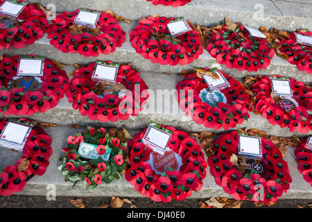 Coquelicots et couronnes du Jour du Souvenir sur les mesures prévues par un mémorial de guerre. Banque D'Images