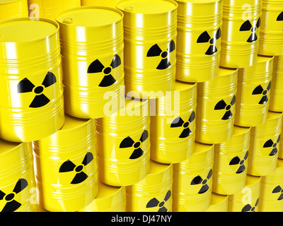 Arrière-plan de barel et jaune 3d signe radioactif Banque D'Images