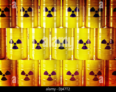 Arrière-plan de barel et jaune 3d signe radioactif Banque D'Images
