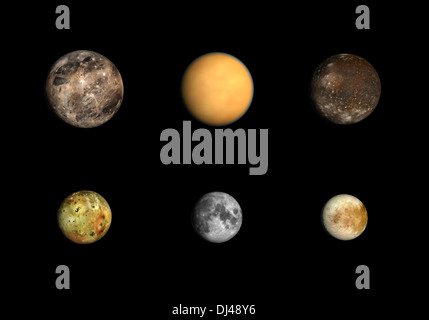 Une comparaison de la Terre Lune et les lunes de Jupiter, Ganymède et Callisto Europa Io. Banque D'Images