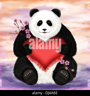 Big Panda avec un oreiller en forme de cœur. Art numérique. Banque D'Images