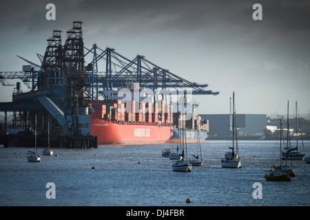 Les porte-conteneurs déchargés à Tilbury Docks dans l'Essex. Banque D'Images