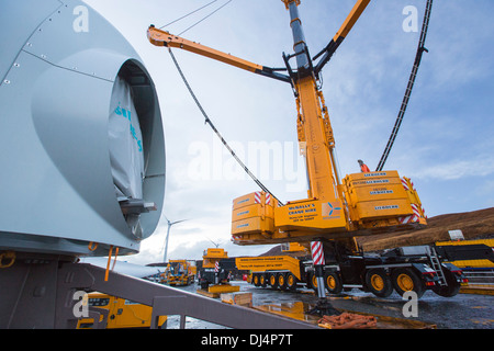 Loch Luichart une ferme éolienne de 69 MW en cours de construction sur la lande sauvage près de Garve dans le nord-ouest des Highlands d'Écosse. Sa construction permettra de fournir l'électricité neutre en carbone, mais implique une intrusion visuelle sur les terres sauvages et le déchirement de la tourbe lande riche pour construire un réseau de pistes de montagne pour accéder les turbines. Banque D'Images