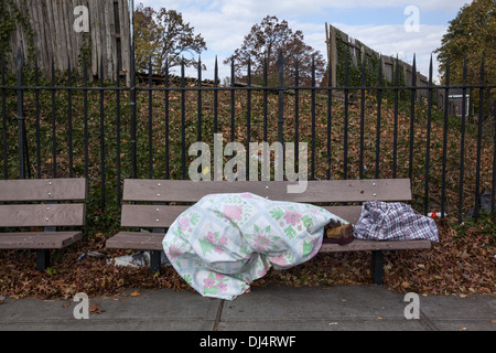 Sans-abri dort sur un banc sur une froide journée d'automne à l'extérieur du musée de Brooklyn, Brooklyn, New York. Banque D'Images