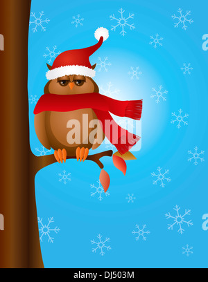 Brown Grand Duc avec Santa Hat et foulard rouge assis sur la neige arbre hiver illustration de fond de scène Banque D'Images