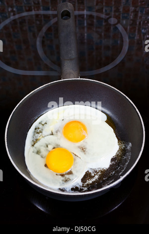 Deux œufs frits dans une poêle sur une cuisinière électrique Banque D'Images