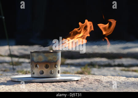 Arlington, Virginia, USA. 20 novembre 2013. La flamme éternelle est vu à la tombe du Président John F. Kennedy au président américain Barack Obama et l'ancien Président Bill Clinton une gerbe sur la tombe au cimetière national d'Arlington, à Arlington. Ce vendredi marquera le 50e anniversaire de l'assassinat du Président Kennedy. Crédit : Pat Benic / Piscine via CNP/dpa/Alamy Live News Banque D'Images