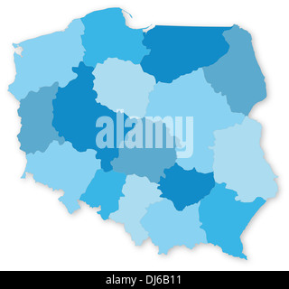 La carte bleue de la Pologne avec les voïvodies sur blanc projeté dans le système de coordonnées UTM. Banque D'Images