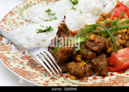 Lahore (Pakistan) et d'agneau Chana dhal (pois cassés) curry, garni de tomates et piments, et servis avec du riz blanc. Banque D'Images