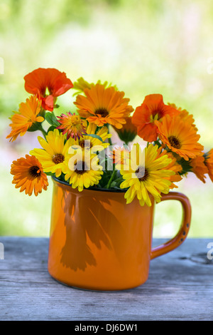 Des soucis et des capucines dans une vieille tasse sur une table Banque D'Images