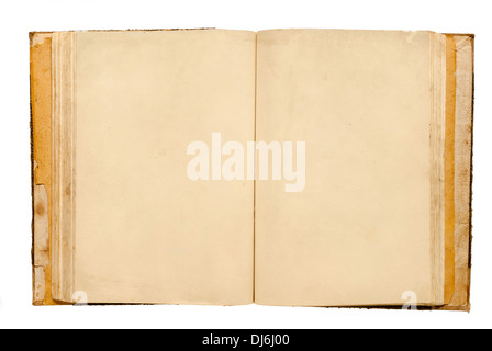 Un vieux livre, ouvert, avec des pages vides. Banque D'Images