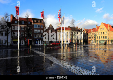 L'architecture flamande, maisons et immeubles de la ville de Bruges, Flandre occidentale, région flamande de Belgique. Banque D'Images