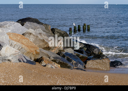 De grands blocs de granit forment un brise-lames sur la plage de Cape Henloopen, Delaware. Banque D'Images