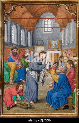 Simon Bening, le Christ lave les pieds des Apôtres 1525 - 1530 Tempera, peinture or, et feuille d'or sur du parchemin. Banque D'Images