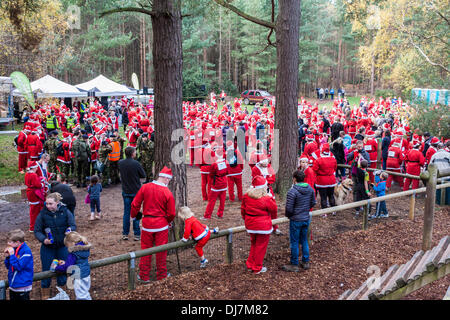 Des centaines de collectes de fonds habillé comme Santas run dans la 'Santa ash' annuel pour amasser des fonds pour l'Hospice de la Tamise la charité. Swinley Forest, Bracknell, Berkshire, England, GB, UK Banque D'Images