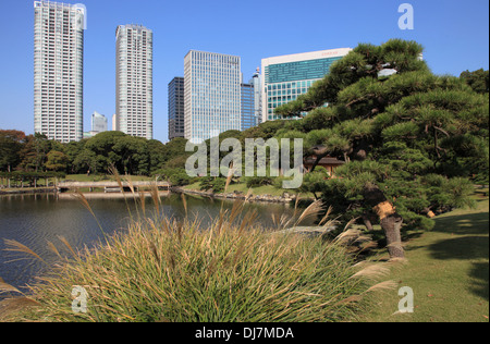 Japon, Tokyo, Hama-rikyu Gardens, Shiodome, Skyline Banque D'Images