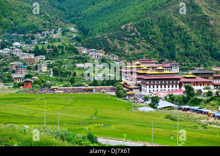 Tashichhoe Dzong,Fort,Thimphu Tsechu festival,4 Jour en cours,vue sur les édifices du Parlement et célébrations,colorés,Bhoutan Banque D'Images