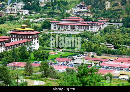 Tashichhoe Dzong,Fort,Thimphu Tsechu festival,4 Jour en cours,vue sur les édifices du Parlement et célébrations,colorés,Bhoutan Banque D'Images