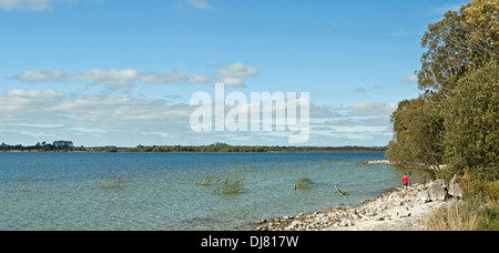 Petit garçon avec scoop-net à Lough Ennell, Belvédère pendant une succession, Mullingar, Westmeath, République d'Irlande Banque D'Images