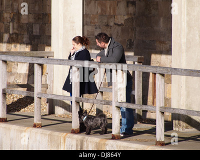 Femme sur un téléphone mobile avec un homme et un chien appuyé contre les balustrades en bois Banque D'Images