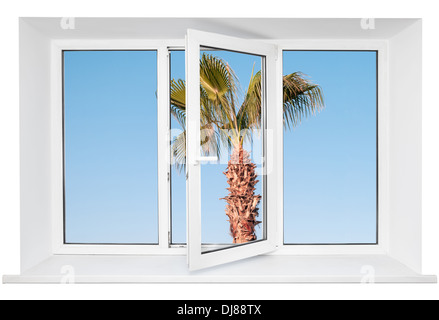 Vitre de porte triple en plastique blanc avec palmier sur ciel bleu à travers le verre. Isolé sur fond blanc. Porte ouverte Banque D'Images