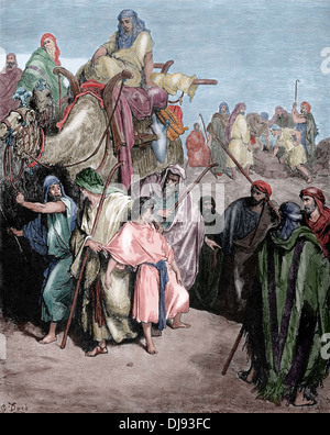 Joseph (fils de Jacob et Rachel) est vendu en esclavage en Egypte par ses frères. Gravure de Gustave Dore. De couleur. Banque D'Images