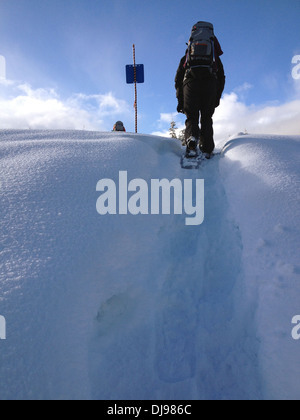 Caucasian mother carrying baby in snowy landscape Banque D'Images