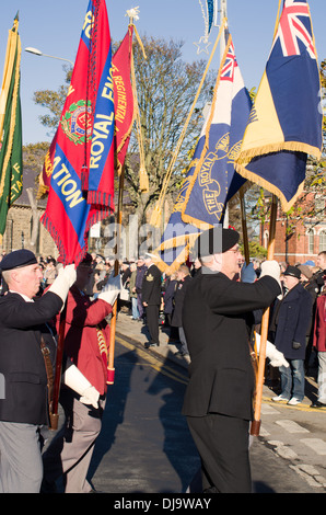 De vieux hommes anciens combattants depuis mars holdings fièrement des drapeaux et des normes Banque D'Images