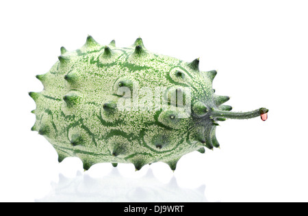 Fruits frais - Kiwano concombre melon à cornes ou africaine, isolé sur un fond blanc avec reflet Banque D'Images