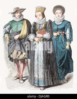 17e siècle XVII Swiss costume de ville jeune homme et fille avec une bride à l'avant-plan Banque D'Images