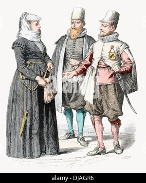 17e siècle XVII costume suisse d'Huissier et valet de pied. Femme dans l'Église et de vêtements de deuil Banque D'Images