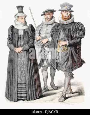 17e siècle XVII costume suisse de Sergent et Sergent-major. Femme dans l'Église et de vêtements de deuil Banque D'Images