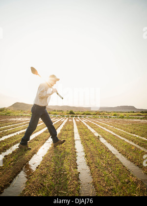 Caucasian farmer walking in crop field Banque D'Images