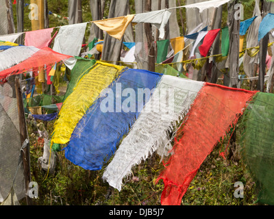 Le Bhoutan, Phobjika,, Pelé, La, col, les drapeaux de prières au-dessus road Banque D'Images