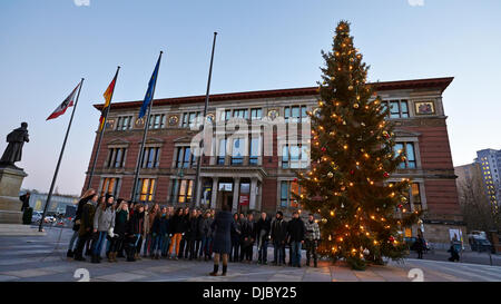 Berlin, Allemagne. Le 26 novembre 2013. Une imposante et a 60 ans et 14 mètres de haut de l'épinette de Serbie forme forest bureau du district de Pankow ornent cette année au moment de Noël, l'avant-cour de la Chambre des Représentants de Berlin. Credit : Reynaldo Chaib Paganelli/Alamy Live News Banque D'Images