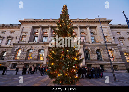 Berlin, Allemagne. Le 26 novembre 2013. Une imposante et a 60 ans et 14 mètres de haut de l'épinette de Serbie forme forest bureau du district de Pankow ornent cette année au moment de Noël, l'avant-cour de la Chambre des Représentants de Berlin. Credit : Reynaldo Chaib Paganelli/Alamy Live News Banque D'Images