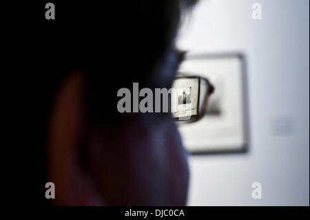 Un visiteur regarde une photo de l'exposition 'David Hockney - Six contes de fées des frères Grimm' se retrouvent dans une photo sur l'histoire 'Rapunzel' à Wiesbaden, Allemagne 26 novembre 2013. L'exposition sera ouverte au public du 27 novembre 2013 au 19 janvier 2014 au Musée de Wiesbaden. Il dispose de 39 eaux-fortes qui ont été achetés par le Land de Hesse en 1969. Photo : FRANK RUMPENHORST Banque D'Images