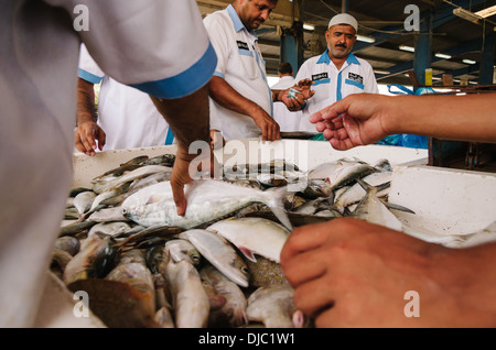 Les travailleurs au marché aux poissons Deira jetant autour de poisson comme il est organisé pour la vente. Dubaï, Émirats arabes unis. Banque D'Images